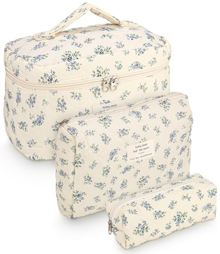 Goxiry 3er Set Kosmetiktasche Florale Make Up Tasche Leicht Kulturtasche Damen Casual Kulturbeutel Schminktasche für Kosmetika, Toilettenartikeln, Elektronisches Zubehör Beige