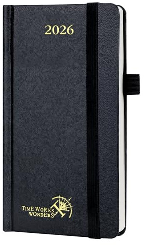 POPRUN Agenda de poche 2026 semainier avec couverture rigide - Petit calendrier journalier hebdomadaire mensuel avec fermeture élastique et porte-stylo - Papier ivoire TJ-26-CEHTP7-BK - Noir