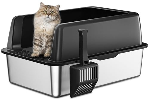 Zarler Edelstahl Katzenklo mit Deckel, 58 L x 37 W x 26 H cm XXL Katzenklo Edelstahl, Katzentoilette aus für große Katzen mit hohem Rand, Metal cat Litter Box, Schwarz, Nicht klebrig