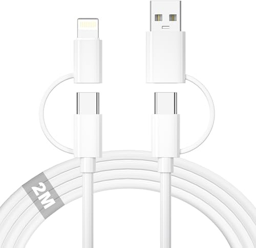 4 en 1 Cable Multi Chargeur 2M, Cable Multi Embout 60W Cable USBC Charge Rapide Câble USB C/USBA vers Lightning Câble Type C/USBA vers USB C pour iPhone 17 16 15, iPad, Samsung Galaxy, Xiaomi, Huawei