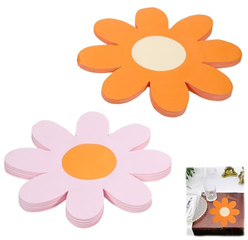 40Stück Servietten Blumen Gänseblümchen Deko 3-Lagige ästhetik Deko 25x25cm | Blumenform Geburtstag Hochzeit Party Tischdeko Sommerfest Geschirr Party Dekoration (Orange und Lila)