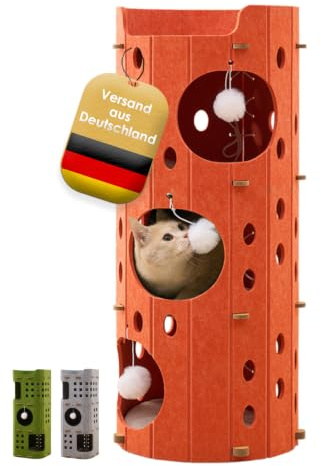 PawLis Original Kratztonne für Katzen – platzsparendes Katzenmöbel mit 4 Etagen & 3 Höhlen, ideal für mehrere Katzen, Moderne Kratzbaum Alternative aus Filz & Holz (90 cm)