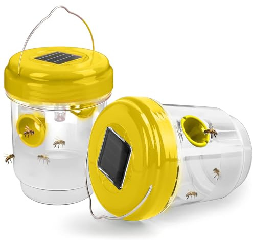 2 Pack Solar Wasp Trap, Outdoor Hornet & Yellow Jacket Catcher with Dual Entry Tunnels - UV LED Light, Reusable Wasp Repellent Carpenter Bee Traps for Garden, Camping, Farm, Patio (Yellow)