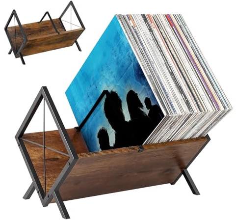Rangement Vinyle, 40 x 22 x 30,5 cm Support Vinyles en Ferronnerie et Bois Massif avec Séparateur Réglable Organiseur pour CD Albums Magazines Livres et Dossiers avec Design Ouvert pour Mélomanes