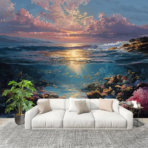 Sala de Estar Mural 250x175cm Atardecer De EnsueñO Bajo El Mar Tejido No Tejido Fotomurales Multicolor Mural Se aplica a Pared Panorámico Para Dormitorio TV Pared Murales Póster