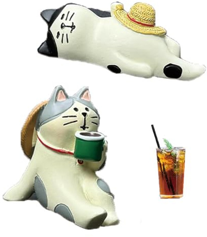 Homelytic 2-Pack Cute Lucky Cat Dashboard Decoration – Mini Cat Figurines with Straw Hat, White & Gray, Perfect Car Accessories, Desk Decor & Bookshelf Ornaments for Cat Lovers