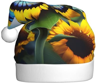 WZYCWB Weihnachtsmützen mit Sonnenblumen-Motiv und blauem Schmetterling, perfekt für Heiligabend, Silvester und Feiertagsfeiern