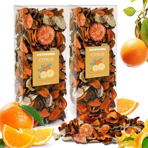 Popurrí Natural de Cítricos - 240g Mezcla de Flores Secas para Ambientador del Hogar, Pack de 2 - Cuenco Decorativo Frutal para Baño, Dormitorio, Salón - Decoración del Hogar e Idea de Regalo