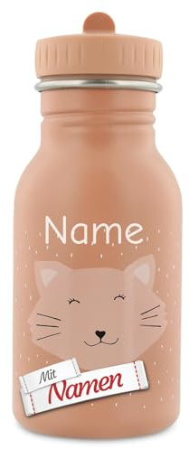 Trixie Kinder Trinkflasche mit Gravur, Mrs. Cat Katze, mit Namen graviert, Geschenk zum Geburtstag und Schulstart, Edelstahl matt, 350 ml, auslaufsicher, rund, modern