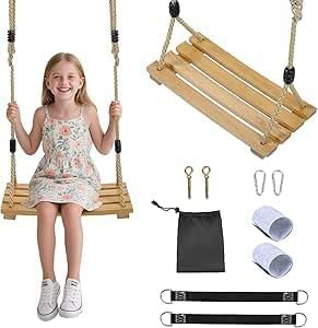 Gartenschaukel, wasserfester Holzschaukelsitz mit robustem Juteseil, rostbeständigen Beschlägen, Klemmbefestigungssystem, stabile Konstruktion, 150 kg/330 lbs Bäume, Decken & Balken, Kinder/Erwachsene