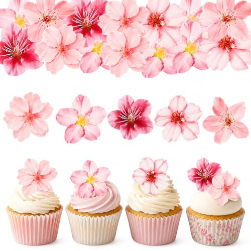 ALLAVA 50 Pcs Edible Flowers Cake Decorations Pink Peach Blossom 4 cm | Wafer Paper Flower Cupcake Toppers, Cupcake Decorations Edible Flowers for Cakes Birthday Wedding Baby Shower Party Desserts