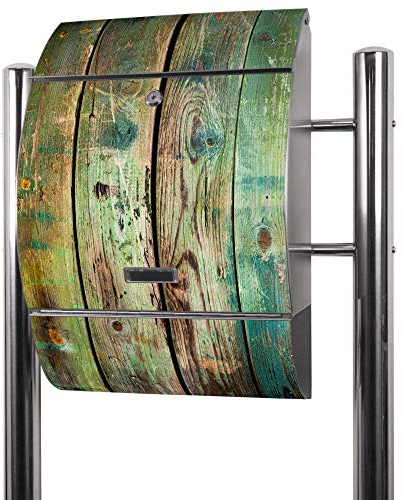banjado® Standbriefkasten Edelstahl mit Zeitungsfach Motiv Grünes Holz/Briefkasten mit Standfuß/Edelstahl Briefkasten freistehend - A4 Einwurf inkl. 2 Schlüssel