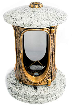 Elegante lanterna funeraria Elégant granito Viscont bianco, altezza 23 cm, diametro 15 cm, lampada funeraria in granito, lanterna in bronzo con base