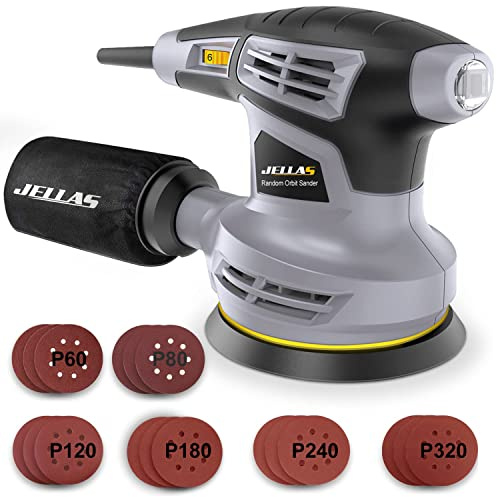 Jellas 5-Inch Random Orbital Sander with 18Pcs Sandpapers, 13000RPM 6 Variable Speed Sander Machine, High Performance Dust Collection System for Woodworking, 2.5A, Dust Collection Bag Include - OS280