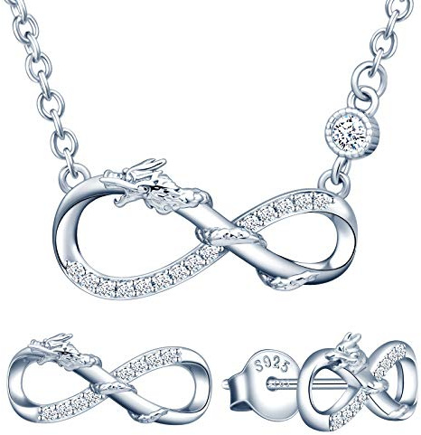 Yumilok Damen Schmuckset Halskette mit Drachen Unendlichkeit Anhänger & Damen Ohrstecker Ohrringe aus 925 Sterling Silber