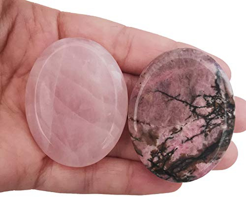 Loveliome Rodonita y cuarzo rosa para el cuidado del pulgar, piedras para el estrés, curación relajada, cristal Reiki, piedras de palma de bolsillo, paquete de 2