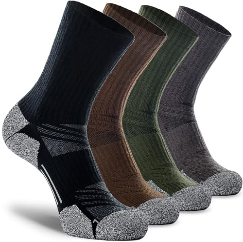 CWVLC Hiking Crew Socks, 4-Pack Men Women Boot Socks for Walking, Hunting, Camping, Winter Outdoor Work, Cosy Cushion, Moisture Wicking, Arch Compression, Anti Blister, X-Large, Black Gray Green Brown