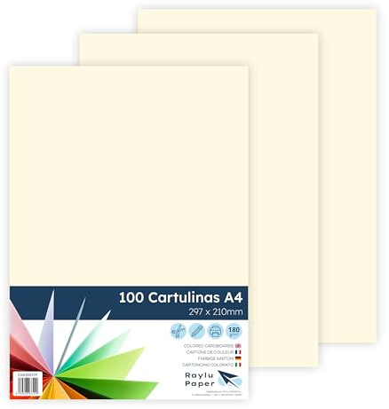 Raylu Paper – Papier Cartonné A4 Coloré, 100 Feuilles Cartonnées, Papier Epais de Couleur, pour l’Ecole, le Bureau, le Scrapbooking, les Activités Manuelles, 180g/m², 210 x 297 mm (Crème)