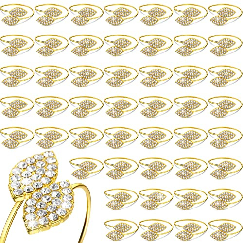 Hotop 100 Pcs Gold Napkin Rings Gold Table Decorations, Elegant Bling Leaves Napkin Rings, Rhinestone Guest Towels Buckle for Holiday Gather Party, Wedding Dinner Banquet Table Decoration