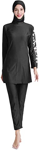 Muslimische Badebekleidung Damen Full Cover Bescheidener Badeanzug Modest Muslim Swimwear Burkini Langarm Schwimmoberteile Schwimmhose Hijab Set Rash Guard Surfanzug Schwimmanzug Schwarz Blumen XL