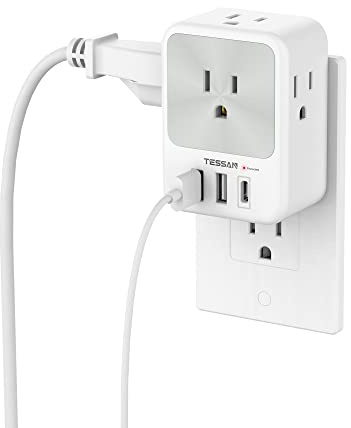 TESSAN Surge Protector Wall Outlet Extender, Multi Plug Outlet Splitter with 3 USB Charging Blocks(1 USB C), Multi Plug Wall Charger for Home, Office, School, College Dorm Essentials, Grey