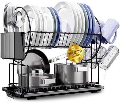 JUPPLIES Escurreplatos de 2 Niveles 42x23,5x36 cm – Escurridor de Platos Acero Inoxidable con Soporte para Cubiertos y Vasos - Escurre Platos con Drenaje Automático (Negro)