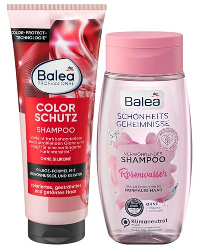Balea 2er-Set Haarpflege: Professional Shampoo COLOR SCHUTZ mit Keratin für coloriertes, gesträhntes & getöntes Haar, silikonfrei (250 ml) + Schönheitsgeheimnisse Shampoo Rosenwasser (250 ml), 500 ml