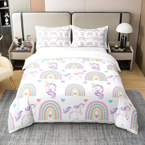Castle Fairy Unicorn 100% Organic Cotton Duvet Cover Set Cute Boho Rainbow Horse Comforter Cover Set for Kids Children Room Cartoon Animal Bedding Set Queen Size 3 Pcs