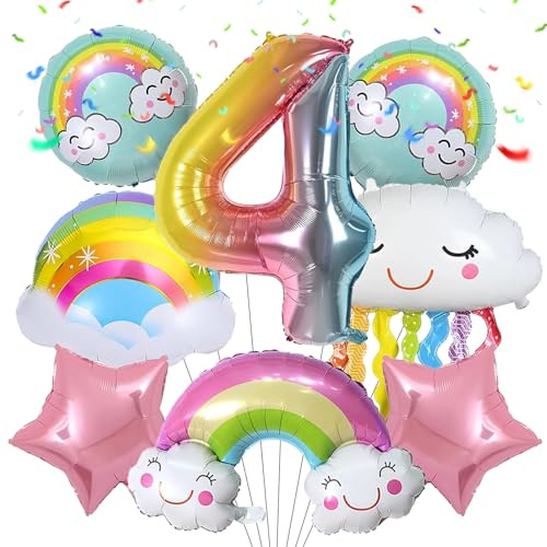 LETTERASHQP Regenbogen Geburtstagsdeko 4 Jahre,Luftballons Wolken Quasten, Folienballon Party Deko, Geburtstagsdeko 4 Jahre Mädchen