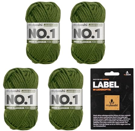 myboshi No.1 Wolle zum Häkeln und Stricken, Schnellstrickgarn, inkl. Label, Strickwolle, Häkelwolle, mulesing-frei, Ll. 55m /50g, 30% Wolle (Merinowolle) Grün (Jagdgrün), 4 Knäuel