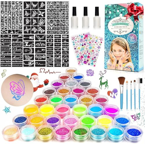 Kit Tatouage Paillettes Enfant Filles, 36 Couleurs mit 182 Pochoirs 215 Strass - Non-toxique Kit Maquillage de Tatouage Paillette Temporaires, Cadeau pour Anniversaire Carnaval Fête