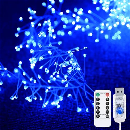 DINOWIN Led Büschel Lichterkette USB-betrieben 19.6Ft 200 LED Cluster Kupferdraht Lichterkette mit 8 Modi Fernbedienung für Weihnachtsbaum Schlafzimmer Feste Hochzeiten (Blau)
