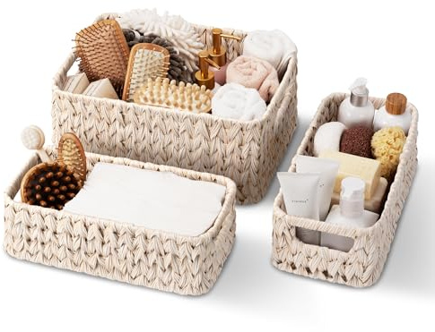 GRANNY SAYS Wicker Storage Baskets, Pack of 3 Wicker Baskets for Shelves, 1 Large Woven Storage Basket and 2 Long Decorative Boxes, Bathroom Counter Organisers, Toilet Basket for Tank Topper, White