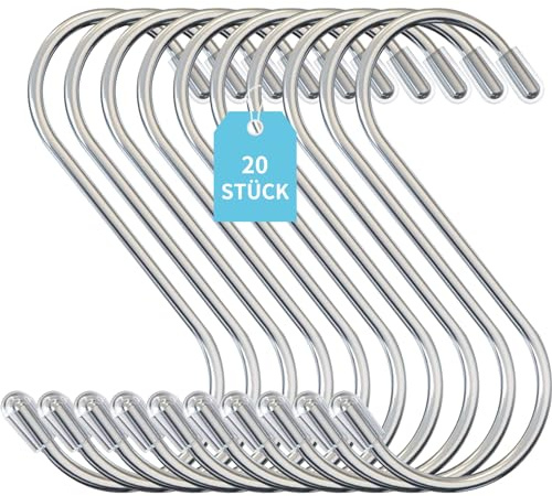 GOLDEROC 20 Stück kleine S-förmige Haken, 7 cm zum Aufhängen, Edelstahlhaken, Metall-Küchenhaken, Kleiderhaken, Balkongeländer, Garderobe, Briefkästen
