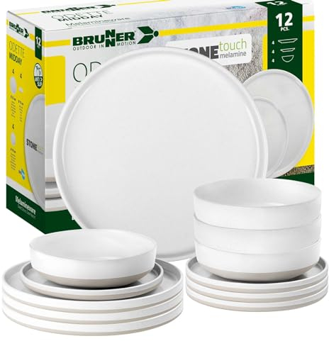 BRUNNER: Melamin Geschirr-Set Camping | 12-Teilig - Teller & Schüsseln für 2-4 Personen | Midday ODETTE - Stapelbar, Kratzfest