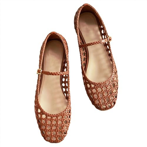 Molozoey Woven Mesh Ballet Flats for Women with Metal Buckle Strap Ballerina Flat Shoes Comfortable Round Toe Mary Jane Flat., Brown, 5.5 UK