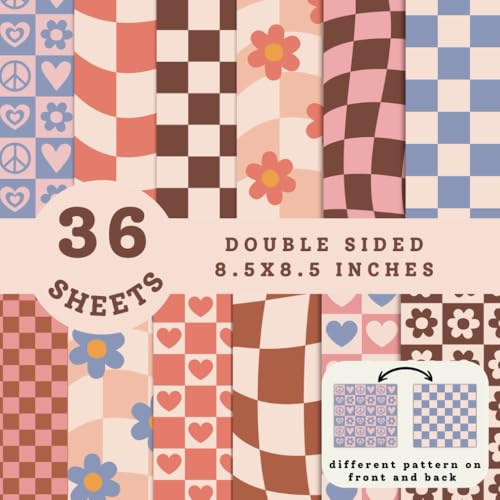 Boho Retro Checkerboard Scrapbook Paper Double Sided 8.5x8.5 inch: Groovy Wavy Floral Designs, 36 Sheets With 12 Unique Patterns