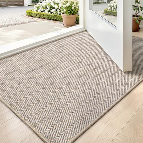 LUMI Ultra Thin Indoor Door Mat for Entrance 24x36, Non Slip Entryway Mat, Low Profile Doormat, Unique Herringbone Design Carpet for Inside, Patio, Porch, Beige