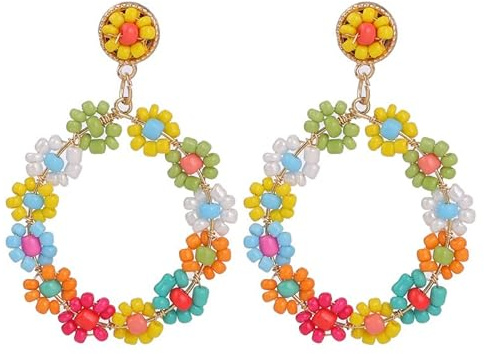 Fajewellery Böhmische Bunte Blumen Kreis Ohrringe aus Perlen, Damen Boho Sommer Ohrschmuck, buntes Blüten Design Ohrstecker, Hip Hop Statement Ohrringe für Festival & Alltag