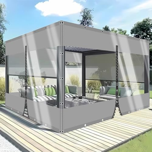 Lona de PVC Transparente Empalmada para Cenador con Ojales Metálicos, de 0,5 mm de Espesor, Adecuada para Garajes, Terrazas, Jardines, Balcones Exteriores. (Gray(1 Zipper) / Size: H:2m W:3m)