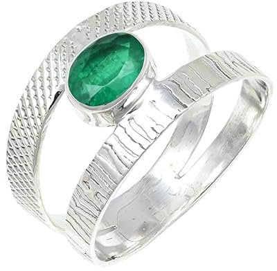 JEWELSTREZORO LabCreated Emerald Edelstein Band Ring 925 Sterling Silber Ring Männer & Frauen Band Ring Alle Größen Band Ring Handgefertigt TSR131I_48 (15.3)