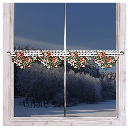 Winter-Feenhausgardine Rotkehlchen auf Tannenzweig Advents-Scheibenhänger Plauener Spitze 14 cm