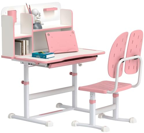 AIYAPLAY Kids Desk and Chair Set, Height Adjustable Children School Study Desk, Student Writing Desk with Tiltable Desktop Drawer, Pen Slot, Reading Rack for 3-13 Years, Pink