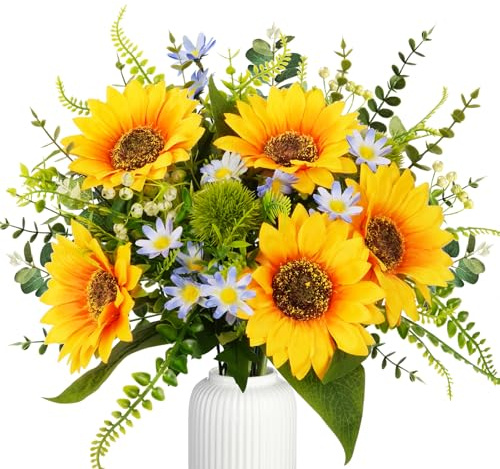 Luabue Kunstblumen Deko Frühling Sonnenblumen und Blau Gänseblümchen Kunstblumenstrauß Seidenblumen wie Echt Künstliche Blumen für Vase Wohnzimmer Tischdeko Balkon Garten Hochzeit