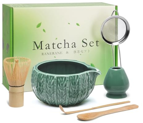 RANERANE 6-Piece Matcha Set, Matcha Whisk (Chasen) & Holder, Matcha Bowl with Spout, Sifter & Spoon, Bamboo & Ceramic, Dark Green