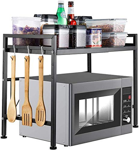 Black 2 Tier Extendable Microwave Oven Rack Shelf with 3 Hanging Hooks Kitchen Counter nizer and Printer Stand
