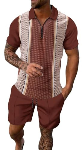 Sportlicher Trainingsanzug für Herren, Business-Anzug, lässig, Sommer, Festival, zweiteilig, lockerer Anzug, T-Shirt mit Rundhalsausschnitt + Shorts, Kaffeebraun, Small