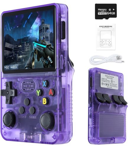 Sentk R36S Handheld Retro Game Console with Open Source Linux System, 3.5 Inch IPS Screen, 64G TF Card Retro Classic Games, Retro Games Console Handheld Emulator Console, 3200mAh Battery-Purple