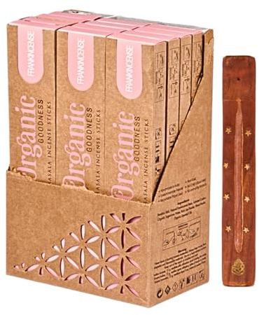 Organic Masala Indische Räucherstäbchen Set - 12 x Weihrauch - Big Box mit Räucherstäbchenhalter aus Holz und Duftproben - Song of India