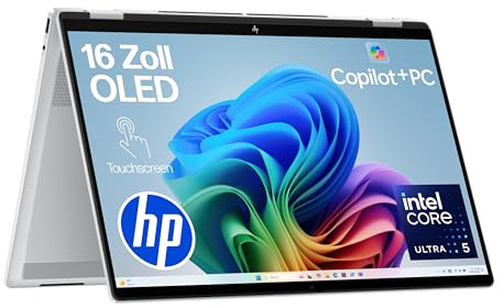 HP OmniBook X Flip NG AI 16-as0275ng 2in1 Laptop, Next Gen KI Copilot+ PC, 16 3K 2880x1800 OLED-Touchscreen, Intel Ultra 7-256V (8C) 47 NPU Tops, 16GB LPDDR5X 8533, 1TB SSD, Win 11, QWERTZ, Silber